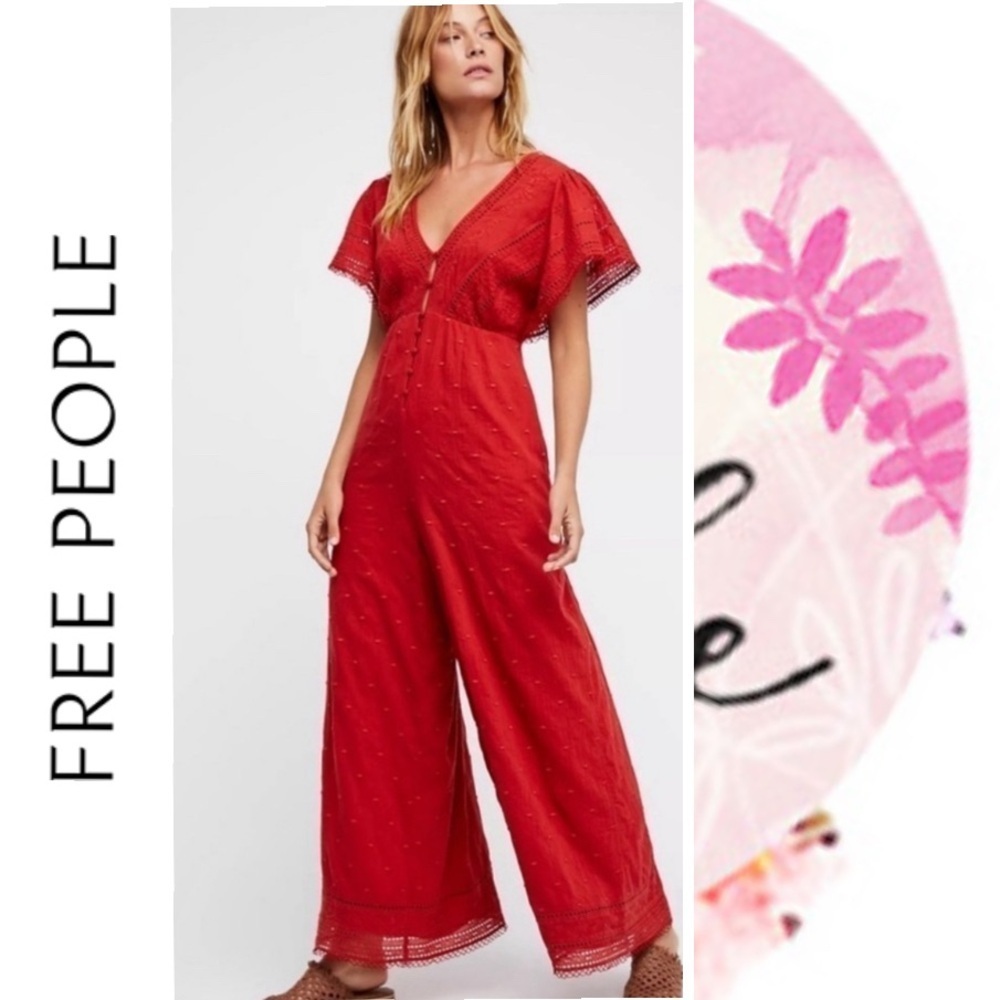 Free People Half Moon Bay Playsuit, burned orange, Cotton, swiss dot, eyelet, M